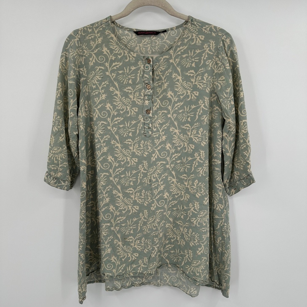Rangmanch Floral Print Tunic Top Women's Medium Button‎ Down 3/4 Sleeve